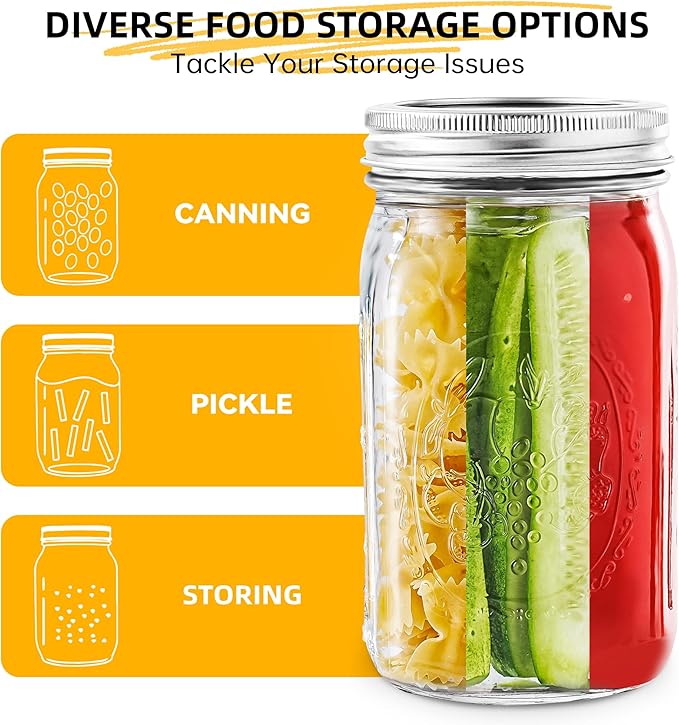 Miuyhji Wide Mouth Mason Jars 32 oz with Lids [4 Pack], Canning Jars with Metal Airtight Lids and Bands, 32 oz Glass Jars for Fermenting, Pickling, Freezing, Preserving, Meal Prep, Jar Décor
