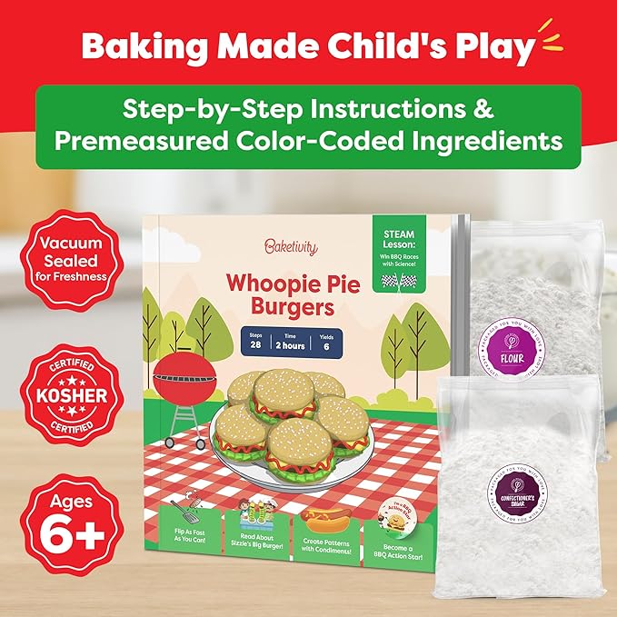 Baketivity Whoopie Pie Burgers Baking Kit for Kids Set - Real Cooking Set for Girls & Boys Ages 5-12 - Baking Kit with Premeasured Ingredients, STEM Kit for Kids with Instructions