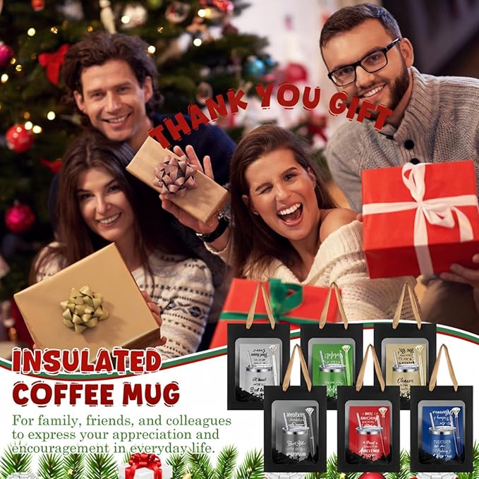 Patelai 30 Pcs 2026 Team Appreciation Gift Set for Team 12oz Stainless Steel Coffee Mug Christmas Cups with Lid and Straw Pens Card Gift Bags Set for Employees Party Supplies