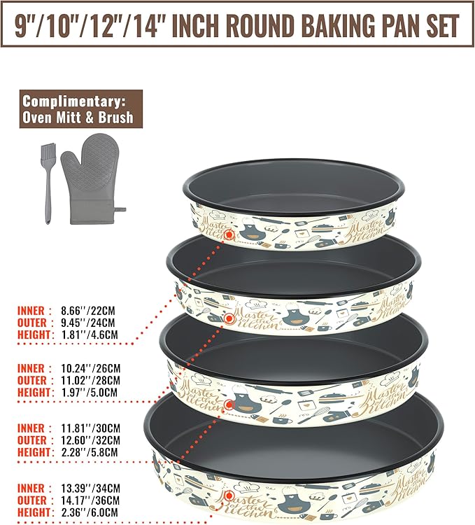 Round Baking Pan Enamel Roasting Dish 4-Pack 9/10/12/14 Inches Non Stick High Temperature Resistance Cookware for Cake Pie Pizza & Meat, Oven Dishwasher Safe Mother Day Gift Bakeware Set