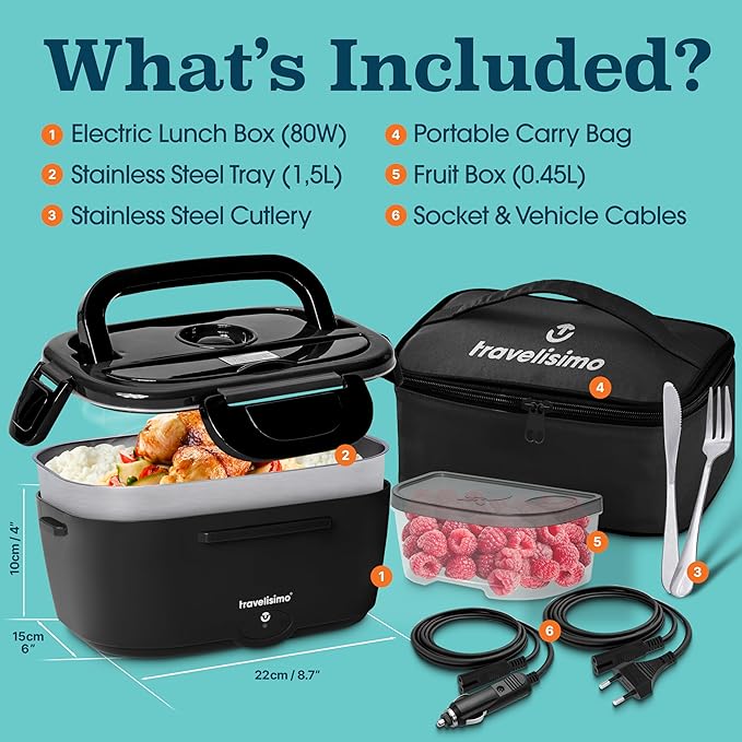 TRAVELISIMO Electric Lunch Box for Adults 100W Heated Lunch Box For Men 1.5L Stainless Steel Portable Food Warmer, 12/24/110V for Travel & Work, Loncheras Electricas Para Calentar almuerzo