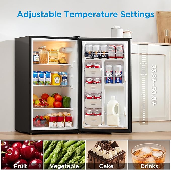 Midea MERM33S1ABB Mini Fridge, 3.3 Cu.ft Compact Fridge with Internal Light, Adjustable Thermostat, Reversible Door, Low Noise for Dorm, Office, Bedroom Black