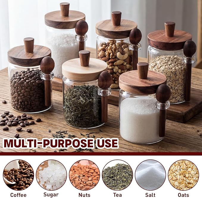Remerry Set of 6 Glass Jar with Wooden Lid and Spoon, Clear Airtight Spice Canisters Glass Food Storage Kitchen Containers Set for Coffee Bean Tea Sugar (13.5 Oz,20 oz)