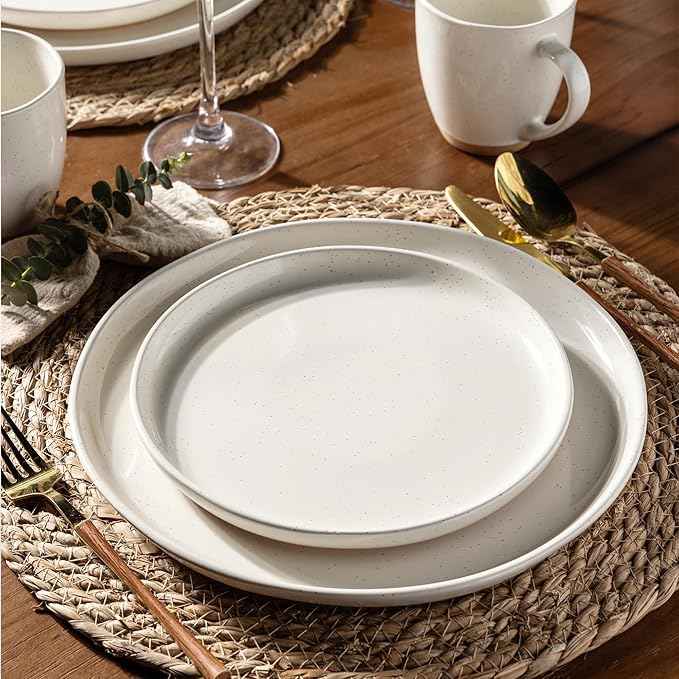 AmorArc Ceramic Dinnerware Sets for 6, 18 Pieces Handpainted Plates and Bowls Set with Rustic Terracotta Underside, Scratch Resistant Stoneware Dishes Set, Dishwasher & Microwave Safe,Light Beige