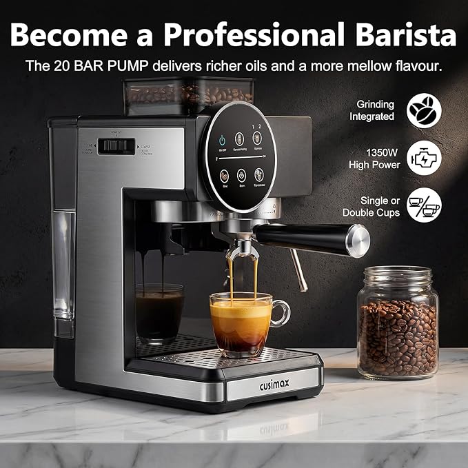 Espresso Machine with Grinder, 20 Bar Professional Expresso Coffee Machines with Milk Frother Steam Wand, Espresso Maker with 60oz Removable Water Tank, Cappuccino & Latte Machine for Home (Black-Pro)