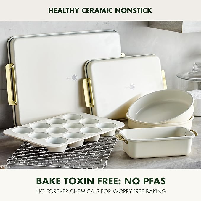 GreenPan Bakeware Set, 7 Piece Nonstick Ceramic Gold Handle Baking Sheets, Cake Pans, Loaf Pan, Muffin Tin, Cooling Rack, PFAS & BPA Free, Freezer to Oven Dish, Bake & Roast Ovenware, Cream