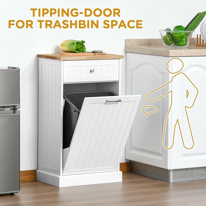 HRVEOCEI Single Tilt Out Trash Can Cabinet for 10 Gallon, Trash Can Holder Cabinet with Drawer, Farmhouse Garbage Cabinets for Kitchen Living Room, Easy to Clean (White + Wood)