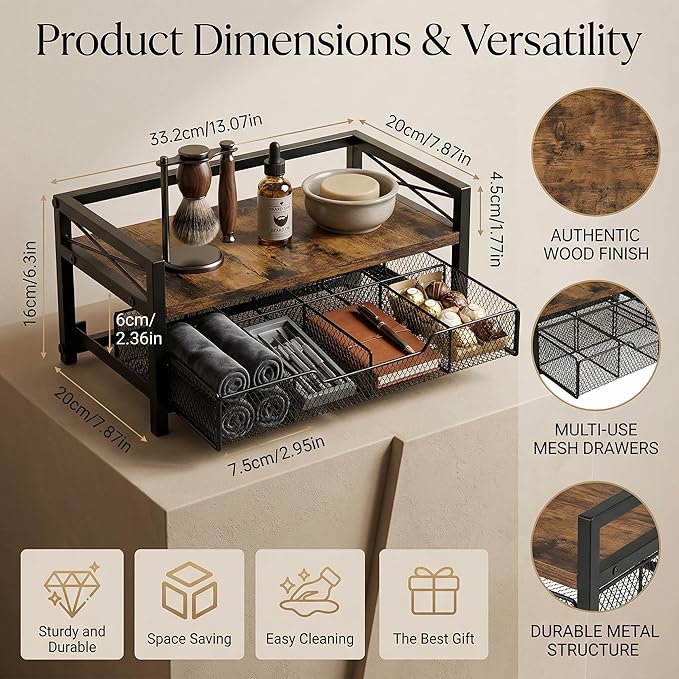 Wood Tea Bag Organizer and Storage Chest | Rustic Brown Tea Station with Drawer & 8 Compartments | Countertop Kitchen Display Box