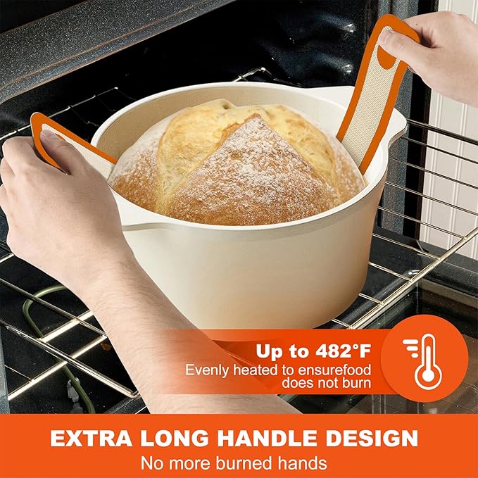 PLAPITATE Silicone Bread Sling Dutch Oven Liner, Non-Stick & Easy Clean Reusable Oval and Round Silicone Bread Baking Mat with Long Handles, Easy to Transfer Sourdough Bread - 2 Orange Set
