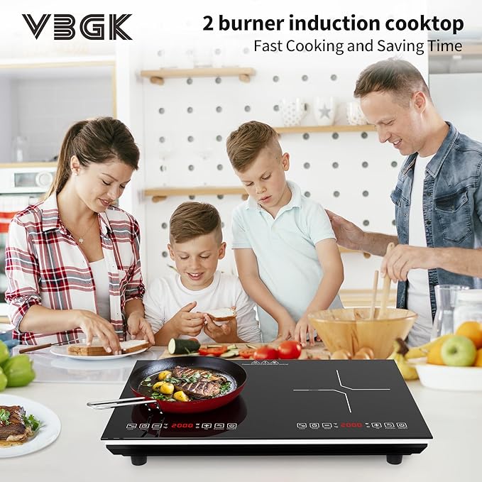 VBGK Double Induction Cooktop,110V 4000W Electric burner,2 burner Hot Plate LED Sensor Touch Energy-Saving induction stove top with Child Safety Lock & Timer 2 burner induction cooktop