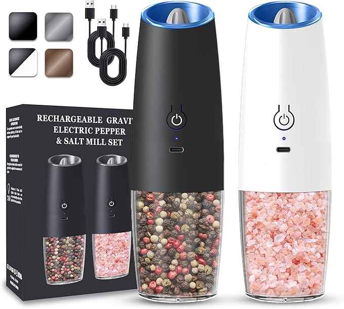 Rechargeable Electric Salt and Pepper Grinder set of 2, gravity electric salt and pepper grinder set, Adjustable Roughness, LED Light, 2 Pack, (Black&White)