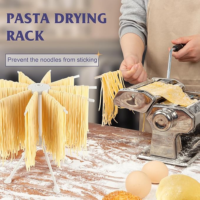 Pasta Maker Machine Set with Pasta Drying Rack Noodle Maker Machine 9 Adjustable Thickness Settings, Gifts for Her 2-in-1 Rollers & Cutter for Spaghetti, Fettuccine, Lasagna & More