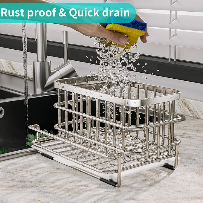 HapiRm 4 Tier Over the Door Shower Caddy + Multifunctional Kitchen Sink Caddy with Drain Tray - Black, Silver