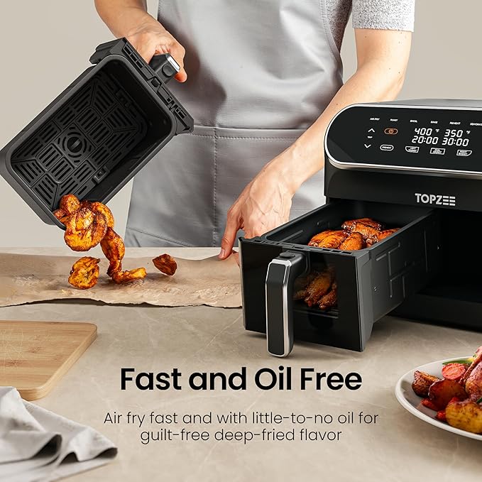 Topzee Dual Basket Air Fryer 8QT – Family Size Air Fryer with Dual Independent Zones, 8 Cooking Presets, Simultaneous Finish Mode, Viewing Windows, 90–400°F, Low-Oil Cooking, Black
