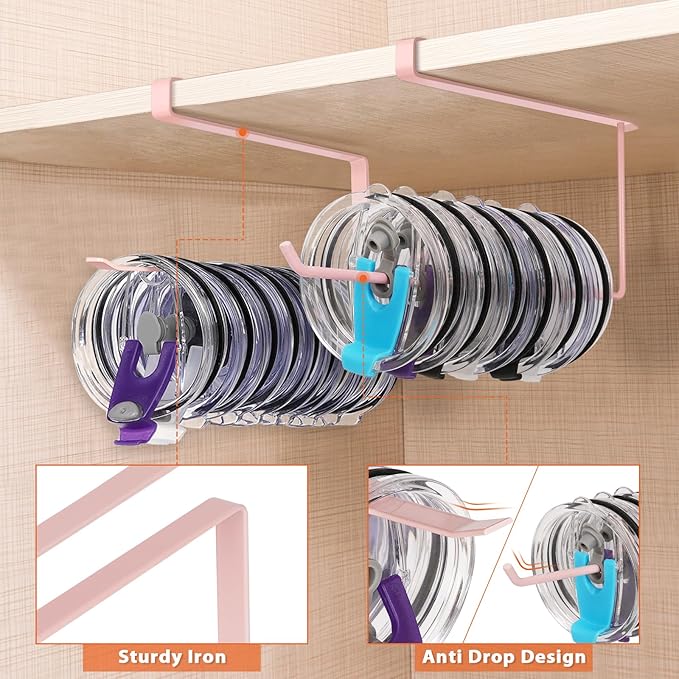 2 Pack Tumbler Lid Organizer, Horizontal Tumbler Lid Storage Hook Up to 20 Lids, Space Saving Cup Lid Holder Under Cabinet Tumbler Lid Hook for Kitchen Organizer, Paper Towel Hanger(Round&Flat, Pink)