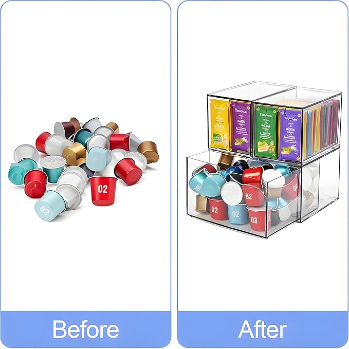 Coffee Pod and Tea Bag Organizer Drawer – Crystal-Clear Acrylic Tea Bag Drawer, Easy to Clean & Stackable for K-Cups, Tea, Sugar Packets in Office, Gym & Kitchen Cupboard (3-Pack)