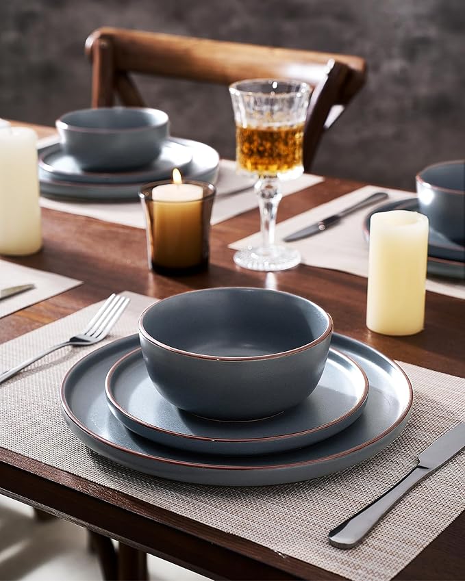 Famiware Mercury Dinnerware Sets with Pasta Bowls, Service for 4 (16 Pieces), Plates and Bowls Sets, Microwave and Dishwasher Safe Dishes Set, Charcoal