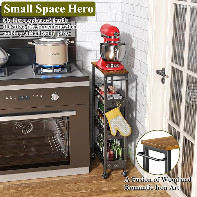 OKZEST Utility Slim Storage Cart, 4 Tier Small Rolling Kitchen Laundry Room Cart with Wood Top, Metal Narrow Bathroom Storage Cabinet Mobile Shelf Unit Organizer Trolley with Handle for Narrow Space