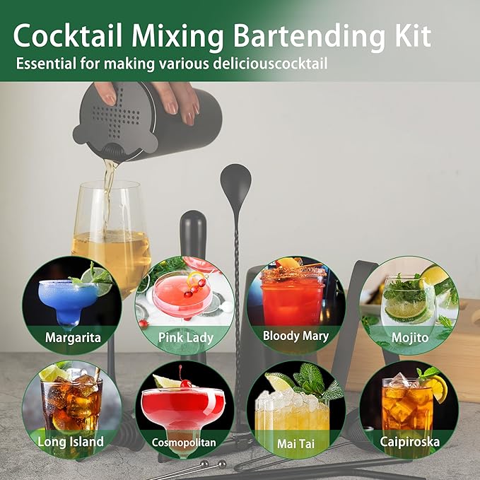 Cocktail Shaker Set Bartender Kit with Bamboo Stand, 15-Piece Stainless Steel Bar Set Accessories, Professional Bartending Kit Home Bar Tools Set with Recipes (Matte Black, Natural Wood Stand)