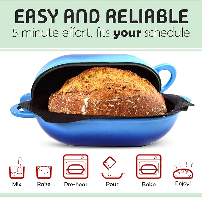 LoafNest: No-Knead Artisan Bread Kit. Incredibly easy! Cast Iron Dutch Oven [2 qt] and Perforated Non-Stick Silicone Liner.