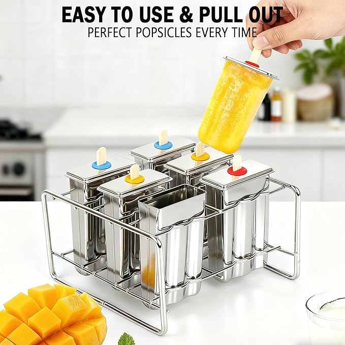 Popsicle Molds Set 6 Pieces Stainless Steel Ice Popsicle Maker, Homemade Popsicle Molds with 50 Sticks, 20 Bags, 14 Silicone Seals, 1 Cleaning Brush & 1 Stand, DIY Ice Pop Mold Maker for Kids (Square)