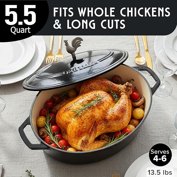 MUELLER HOME 5.5 Quart Enameled Cast Iron Oval Dutch Oven with Rooster Knob & Cotton Potholders, Heavy-Duty Cookware, Oven-Safe up to 500° F & Across All Cooktops, Gifts for Grandma & Women, Black