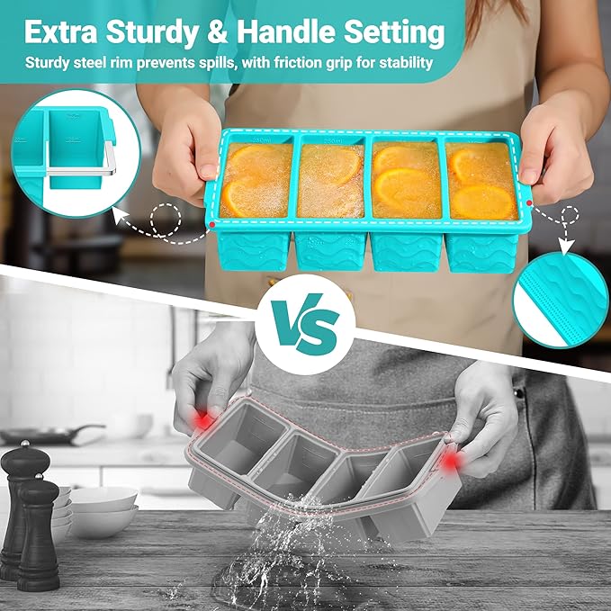 Silicone Freezer Trays with Lid for Soup, 1-Cup & 2-Cup Large Ice Cube Molds Food Storage Containers for Meal Prep, Freeze 500mL/250mL/125mL Portions – 2 Pack