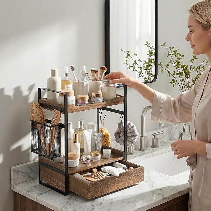 Coffee Station Organizer Countertop, Wooden Coffee Bar Accessories Organizer with Basket, 2 Mug Holder Hooks and Pod Drawer, Multifunctional 2 Tier Countertop Organizer for Kitchen, Bathroom, Office