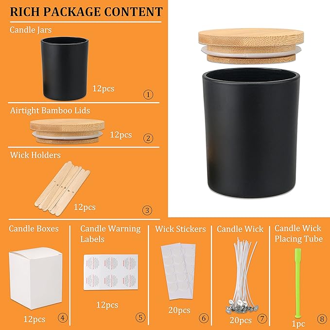 MILIVIXAY 12 Pack 7 OZ Black Matte Glass Candle Jars with Lids and Candle Making Kits - Bulk Empty Candle Jars for Making Candles - Spice, Powder Containers.