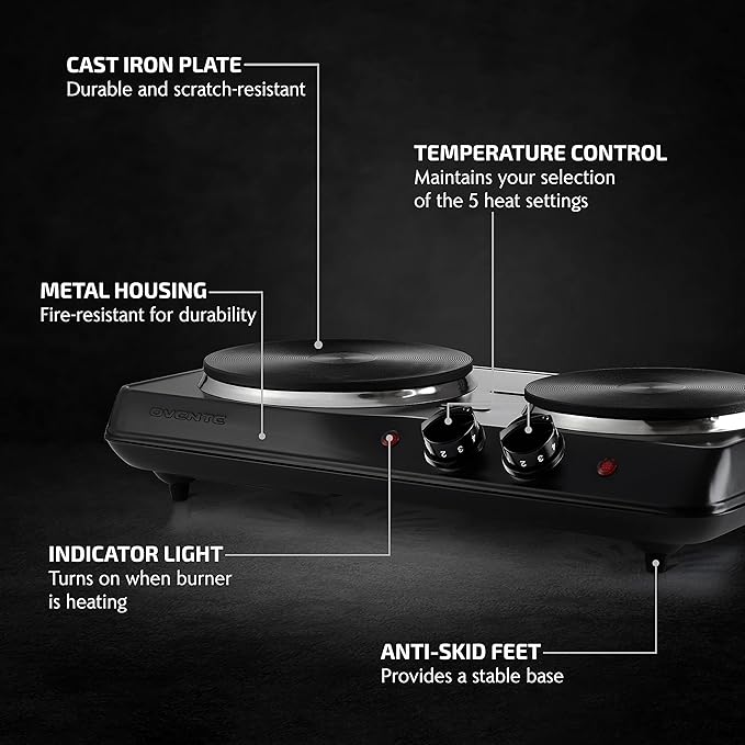 OVENTE Electric Griddle with 16 x 10 Inch Flat Non-Stick Cooking Surface, Adjustable Thermostat & Electric Countertop Double Burner, 1700W Cooktop with 7.25 and 6.10 Inch Cast Iron Hot Plates