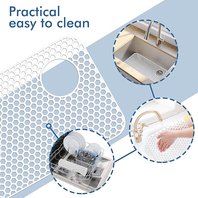 Bestjing Silicone Sink Protectors for Kitchen Sink - 28.4"x 14.3" Kitchen Protector Accessory, Non-Slip Heat Resistant Mat for Bottom of Farmhouse Porcelain Stainless Steel(Top Right Drain Hole,White)