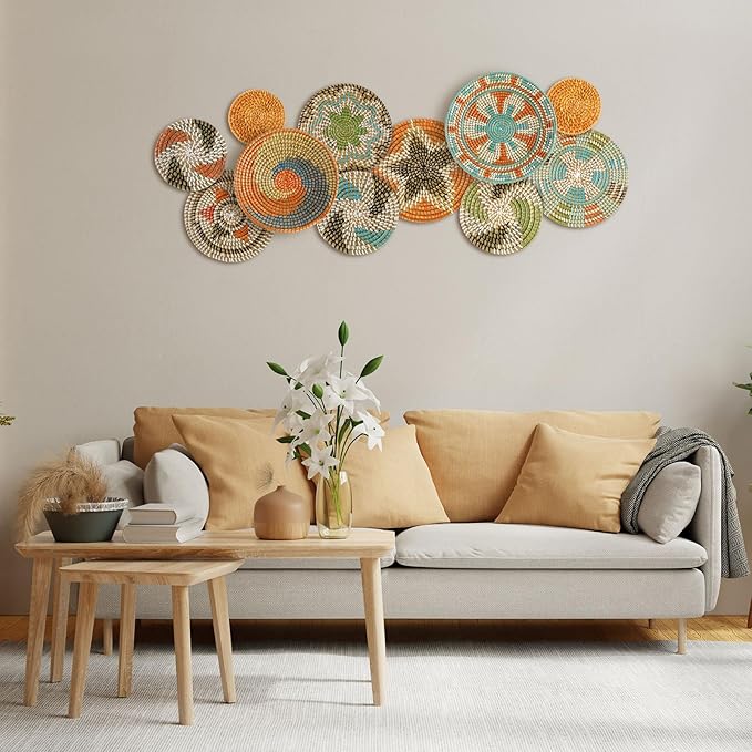 Tatuo 11 Pcs Boho Wall Basket Decor Bulrush Woven Wall Hanging Art Round Farmhouse Rustic Handmade Wicker for Summer Home, Bedroom, Living Room, Kitchen Decorations, Multi Sizes(Farmhouse)