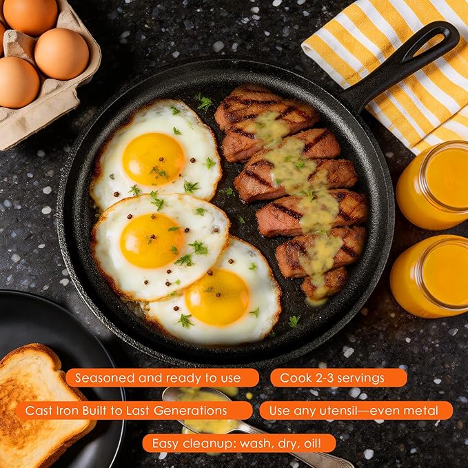 6 Piece Pre-Seasoned Cast Iron Cookware Set – Incl. 5QT Dutch Oven with Lid, 8'' and 10.25'' Cast Iron Skillets, 10.5'' Round Griddle, and a Square Grill Pan for Kitchen, Stovetop, & Camping