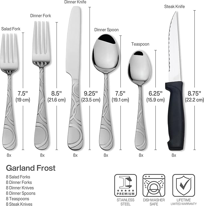 Pfaltzgraff Garland Frost 53-Piece Stainless Steel Flatware Serving Utensil Set and Steak Knives, Service for 8 (Pack of 2)