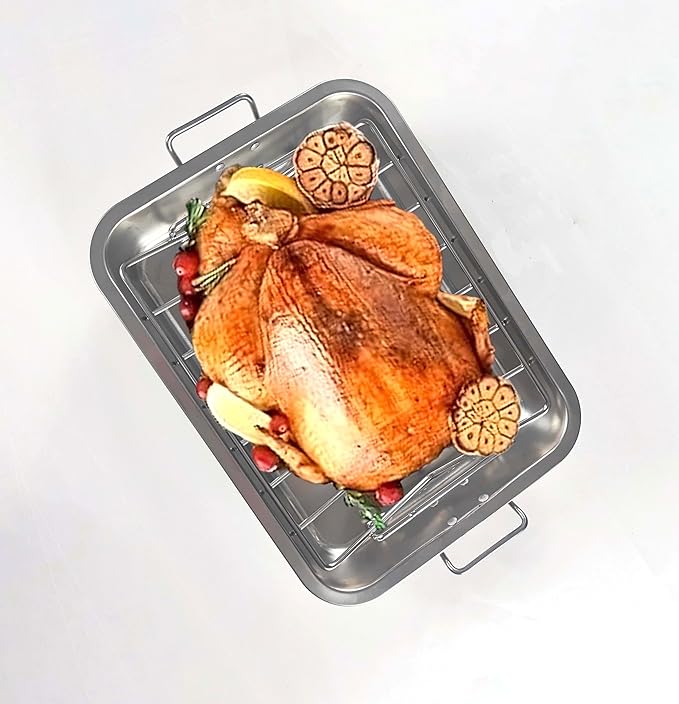 16" Premium Stainless Steel Roaster Pan Set with Baking & V-Shaped Racks - Heavy Duty, Healthy & Dishwasher Safe for Turkey, Chicken
