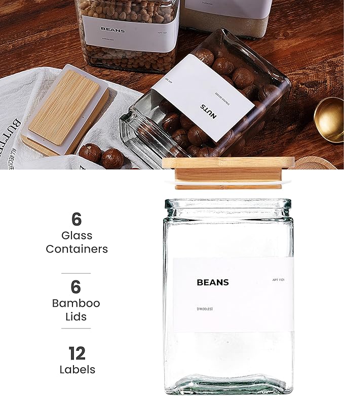 APT 1101 Glass Storage Jars with Bamboo Lid, glass canisters with airtight lids, Clear jars with lids for Spice, Cookie, Candy, Tea, Coffee Bean and Rice (White, Pantry Jar Set (26 oz, set of 6))