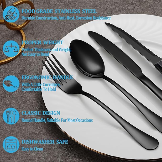 48 Pcs Black Silverware Set with Steak Knives, Stainless Steel Flatware Cutlery Set Service for 8, Kitchen Tableware Set, Utensil Set for Home and Restaurant, Knives Forks Spoon Set, Dishwasher Safe