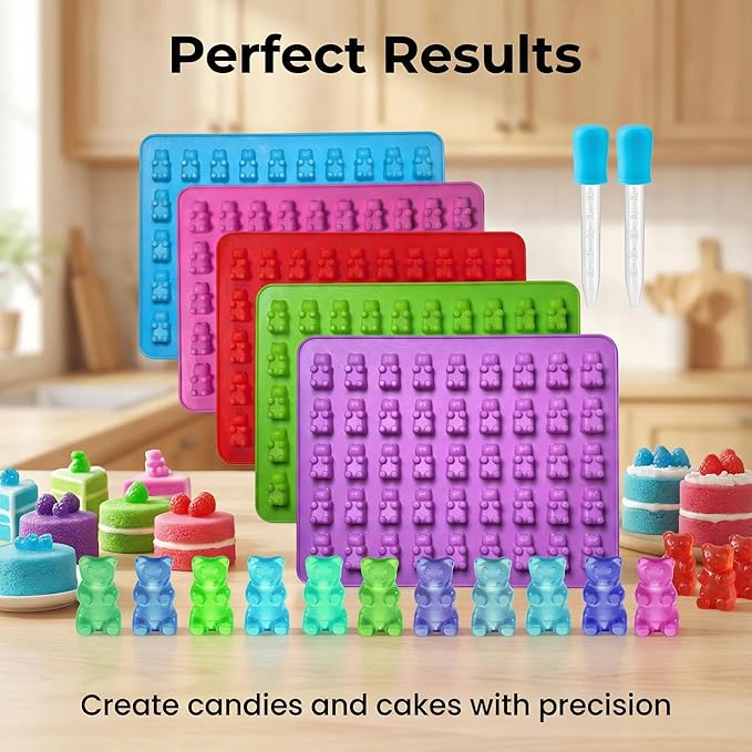 Gummy Candy Molds - 5Pcs Silicone Gummy Mini Bear Molds With 2pcs Dropper,Non-stick and Bpa Free for Mini Candy Chocolate Gummies Baking