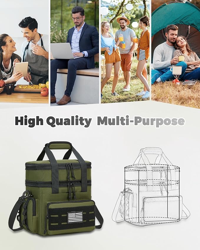 holuxer Tactical Lunch Bag & Lunch Box for Men - Large Double Deck Expandable Insulated Soft Adult Lunchbox for Work - Cooler Bag for Beach, Picnic, Camping,Outdoor，Travel (Green,16L)