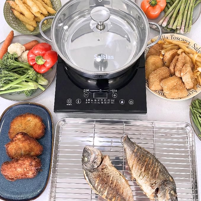Saltlas 4.4Qt/4.2L Deep Fryer Pot with Basket and Strainer Spoon, 304 Stainless Steel Fish Frying Pot for Seafood, Chicken, French Fries, Japanese Tempura