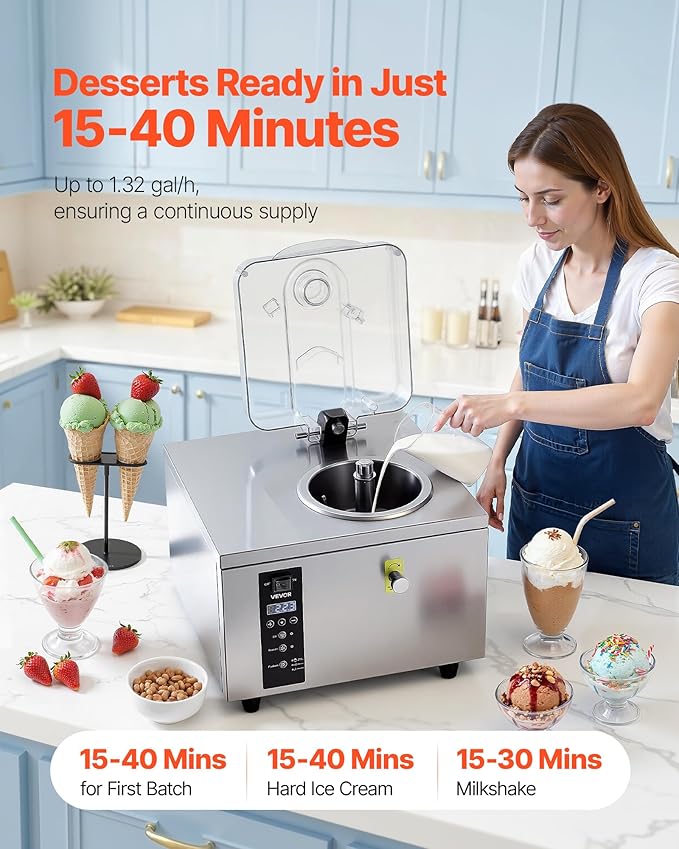 VEVOR Commercial Hard Ice Cream Machine, 500W 1.32 Gal/Hour, Gelato Hard Serve Ice Cream Maker with 2.8L 304 Stainless Steel Cylinder, Auto Clean LED Panel High Productivity for Snack Bar Restaurants
