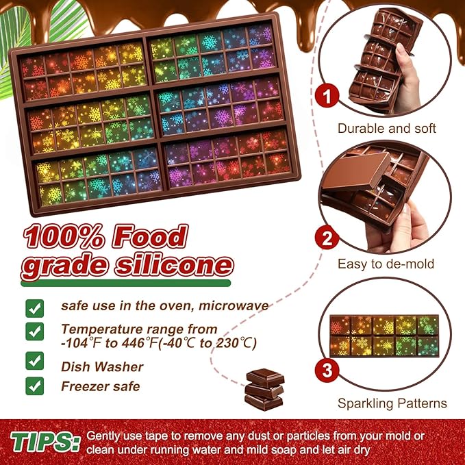 Ziliny Snowflake Holographic Chocolate Bar Mold Silicone, Rainbow Light Effect Chocolate Bar Deep Thick Molds for DIY Candy Dessert Baking, Candy, Wax Melts, Cake Decoration (Square)