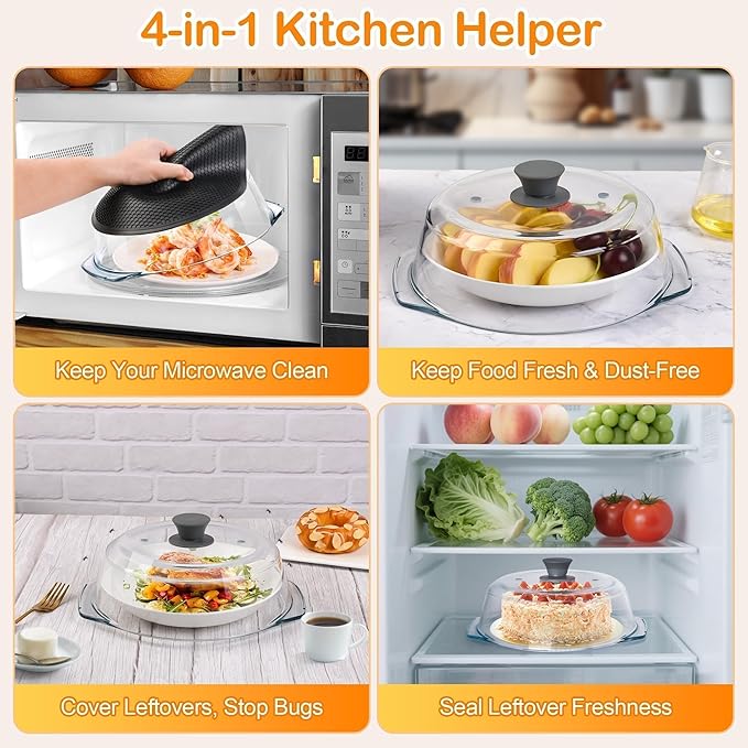 Glass Microwave Splatter Cover for Food with Microwave Place Mat - Sturdy Plate Guard Lid with Vent Holes and Easy-Grip Silicone Handle - BPA Free, Dishwasher Safe (Grey)