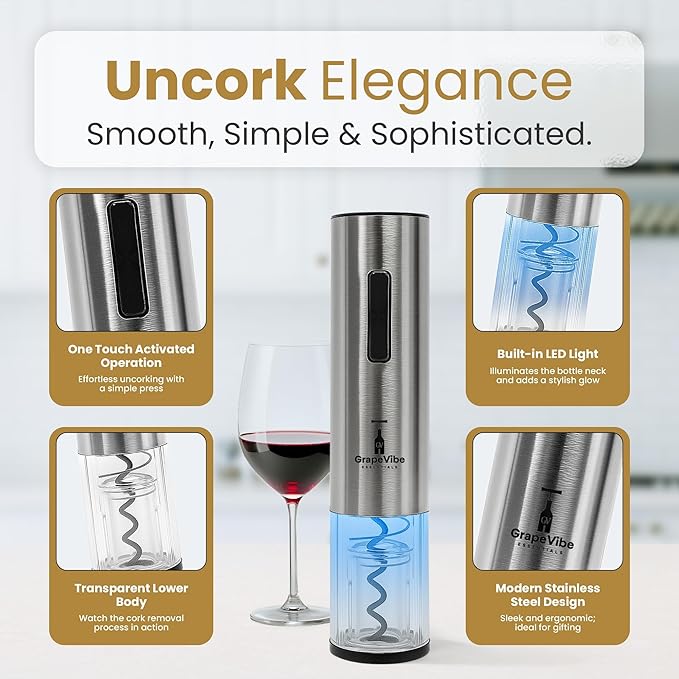 GrapeVibeEssentials 5-in-1 Electric Wine Opener gift Set – Rechargeable Automatic Wine Bottle Opener with Charging Base, Foil Cutter, Aerator Pourer & Vacuum Stoppers
