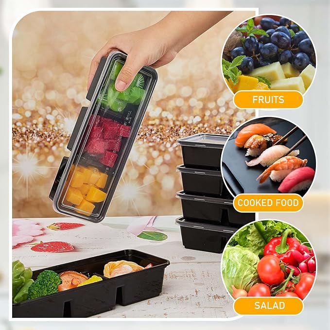 Hushee 50 Pack 17 oz Small Meal Prep Containers with 3 Compartments Snack Containers with Lid Disposable Plastic Bento Box Travel Lunch Food Boxes Stackable for Office Picnic (Black)