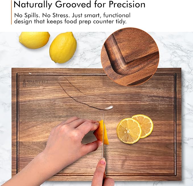 Spartali & Company Premium Reversible Black Walnut Cutting Board with Juice Groove – 18" x 12” Hardwood Butcher Block for Meat, Cheese & Veggies – No Microplastics, BPA-Free, Gift-Ready Box