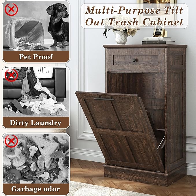 chartustriable Farmhouse Tilt-Out Trash Can Cabinet, 13 Gallon Laundry Hamper with Drawers, Wooden Hidden Garbage Can Cabinet w/Storage for Kitchen & Living Room, Brown
