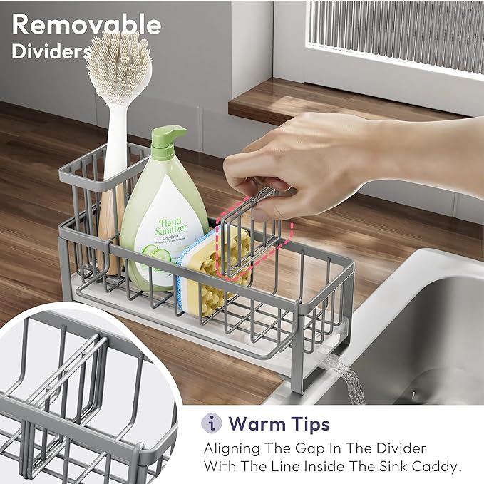 SWTYMIKI Sponge Holder for Kitchen Sink - Sink Caddy with Brush Holder Self-draining Sponge Caddy Organizer with Divider Stainless Steel Kitchen Accessories Storage for Countertop, Gray