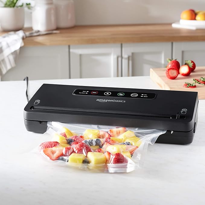 Amazon Basics Vacuum Sealer Machine for Food Preservation with Dry/Moist Mode, Built-in Cutter and Air Suction Hose, Black