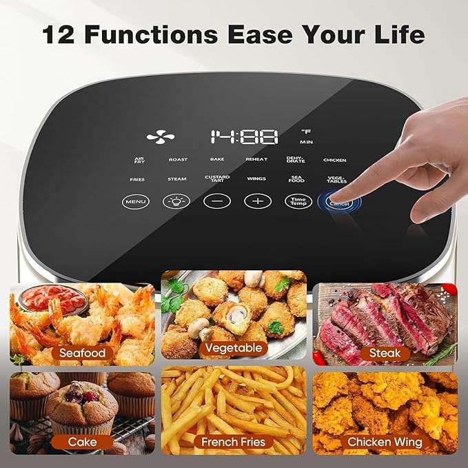 Hexago Air Fryer-6.34 QT Large Airfryer with Clear Window, 12-in-1 Air Fry, Roast, Reheat, Dehydrate, Bake, Steam with 400F, Touchscreen Controls, Beige